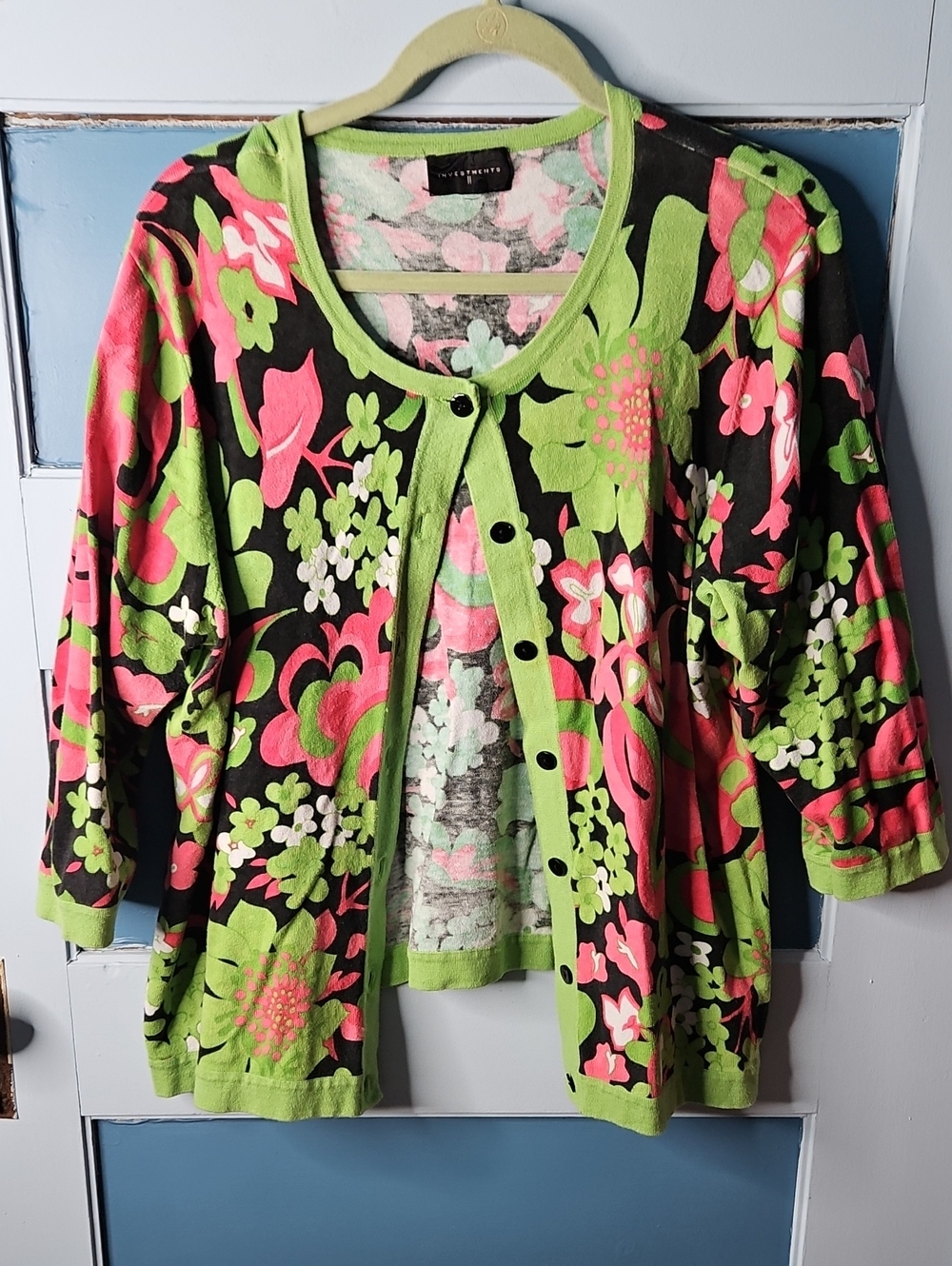 Investments Floral Knit Cardigan Sweater- Black, Pink & Lime Green 1X